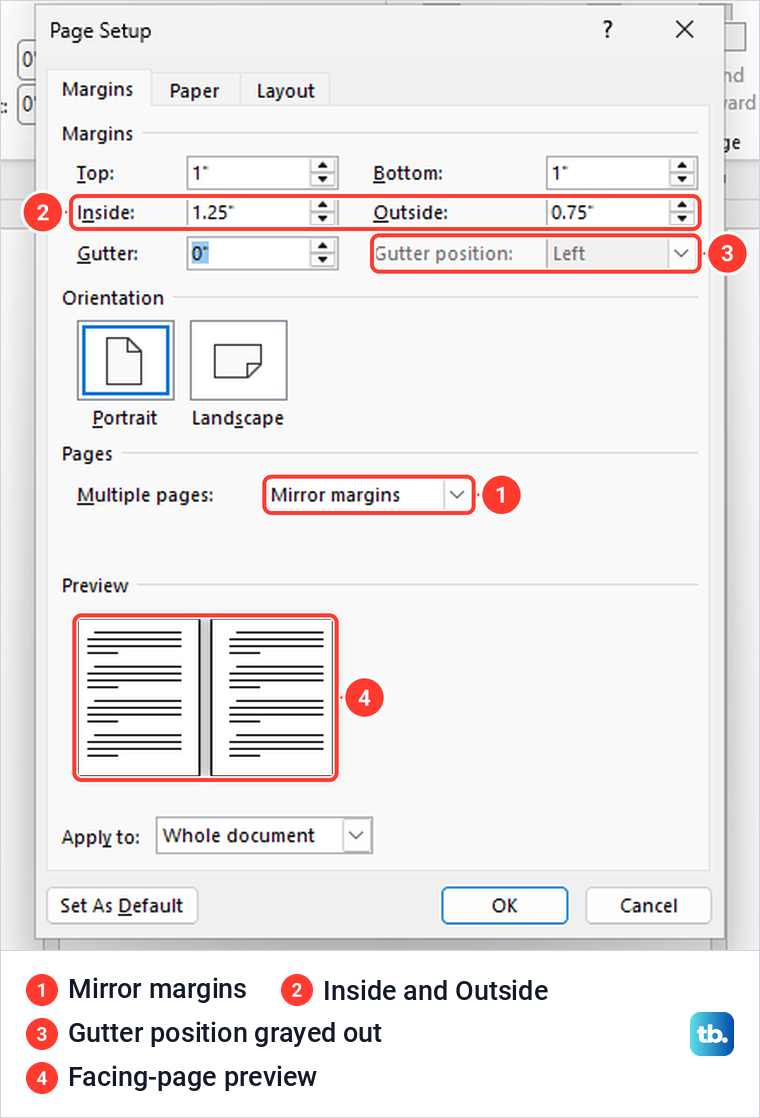 Word Page Setup with Mirror margins chosen and Inside and Outside boxes in place of Left and Right.