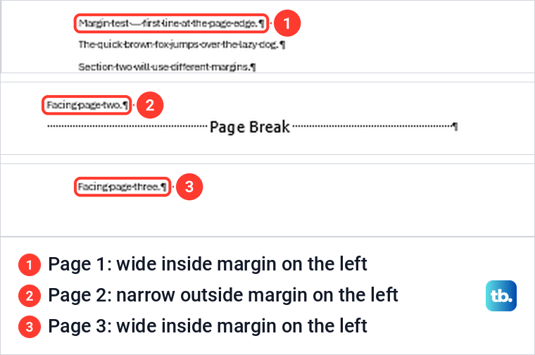 Tops of three Word pages with mirror margins, the text on page two starting closer to the left edge.