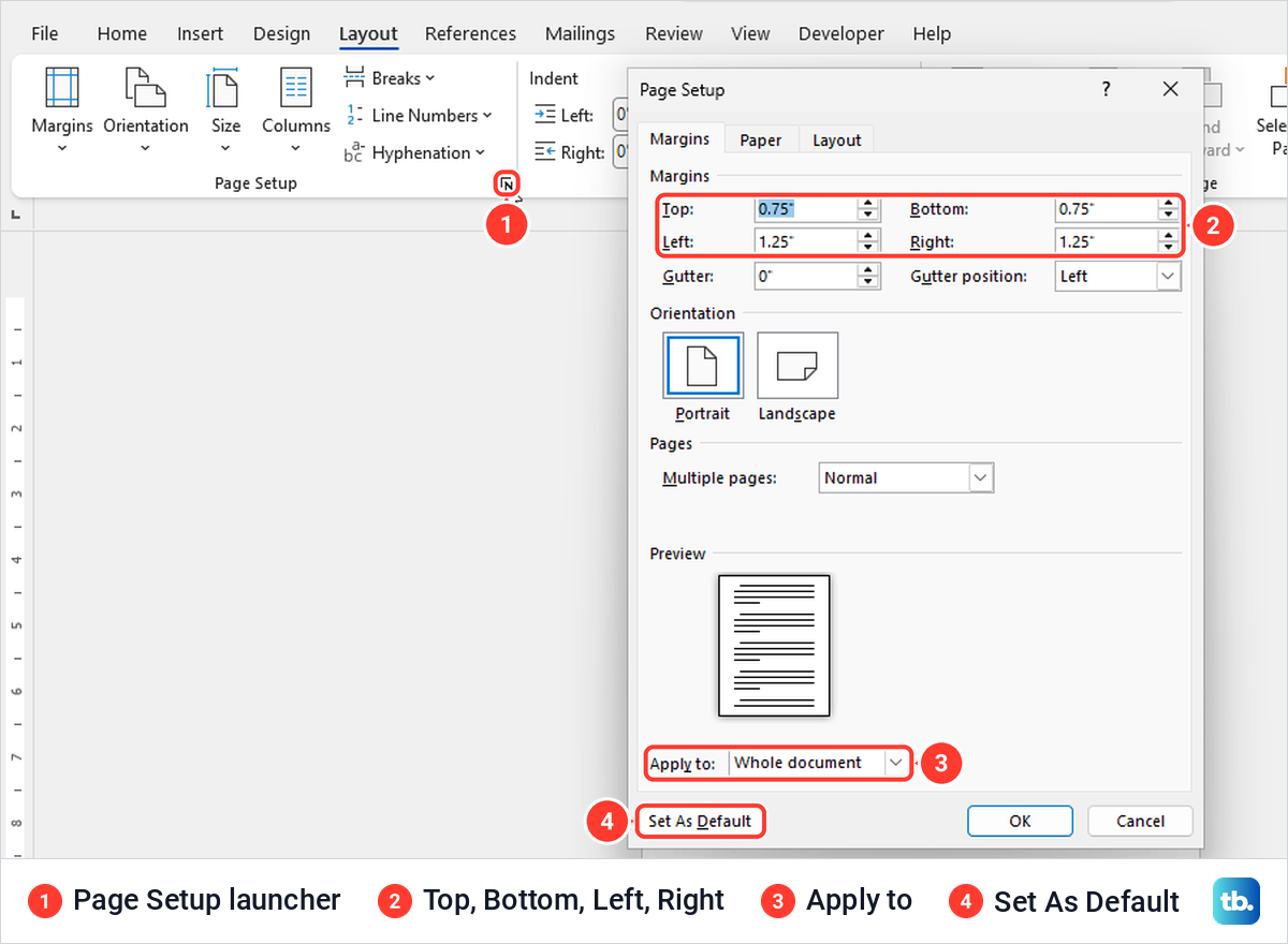 Word Page Setup dialog with top and bottom margins of 0.75 inch and side margins of 1.25 inches.