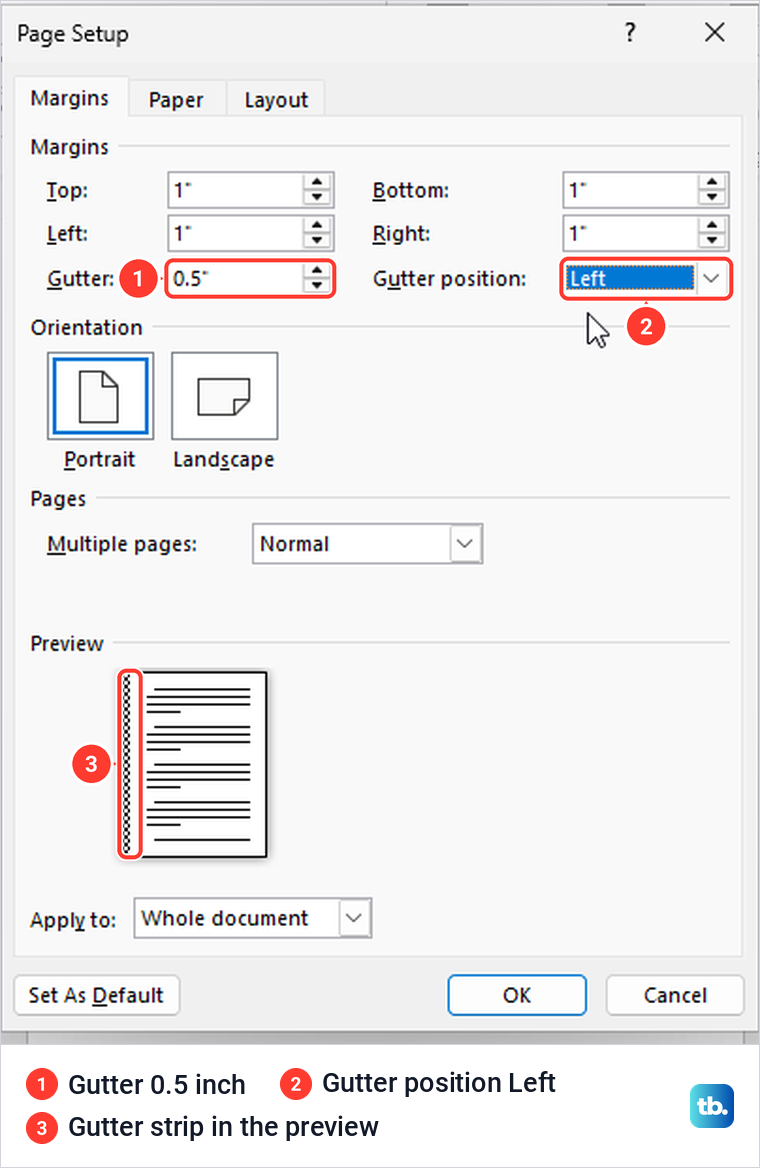 Word Page Setup with a half inch gutter on the left and a hatched gutter strip in the preview.