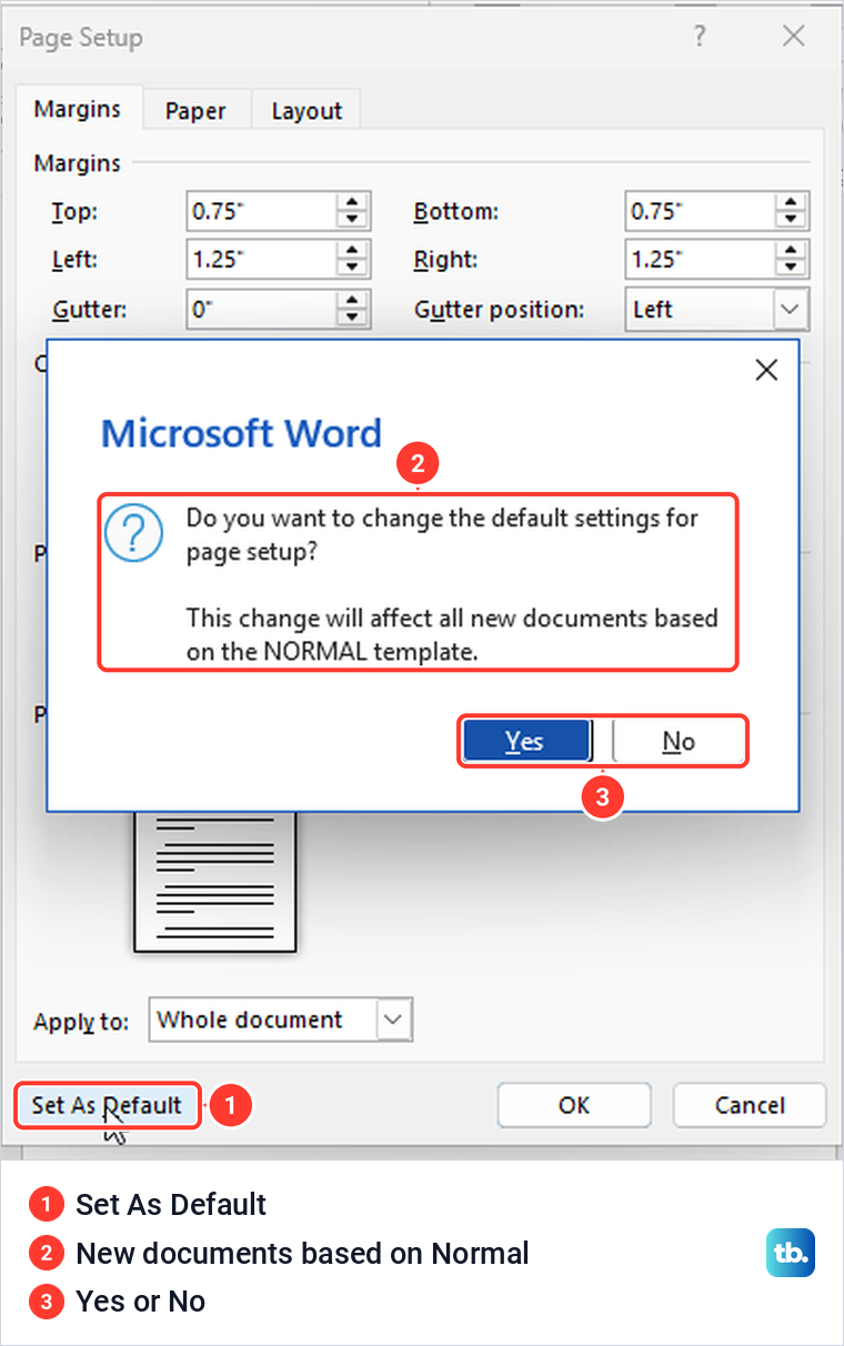 Word prompt asking whether to change the default page setup for new documents based on the Normal template.