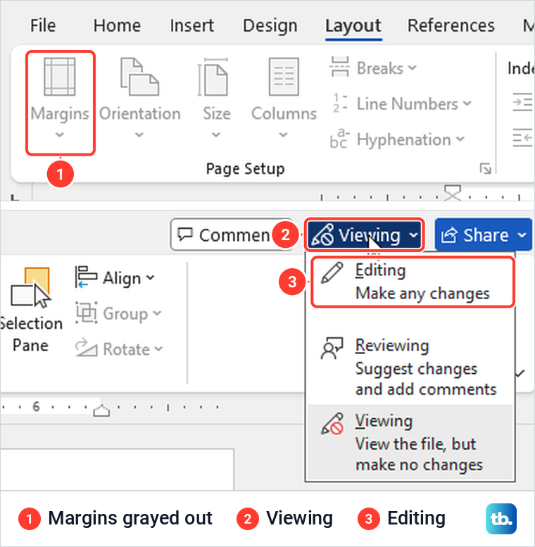 Word Layout tab with Margins grayed out in Viewing mode and the mode menu offering Editing.