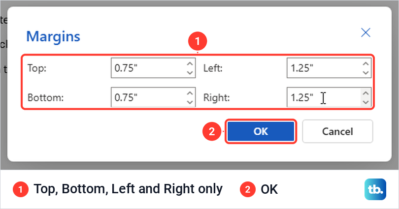 Word for the web Margins box with Top and Bottom at 0.75 inch and Left and Right at 1.25 inches.