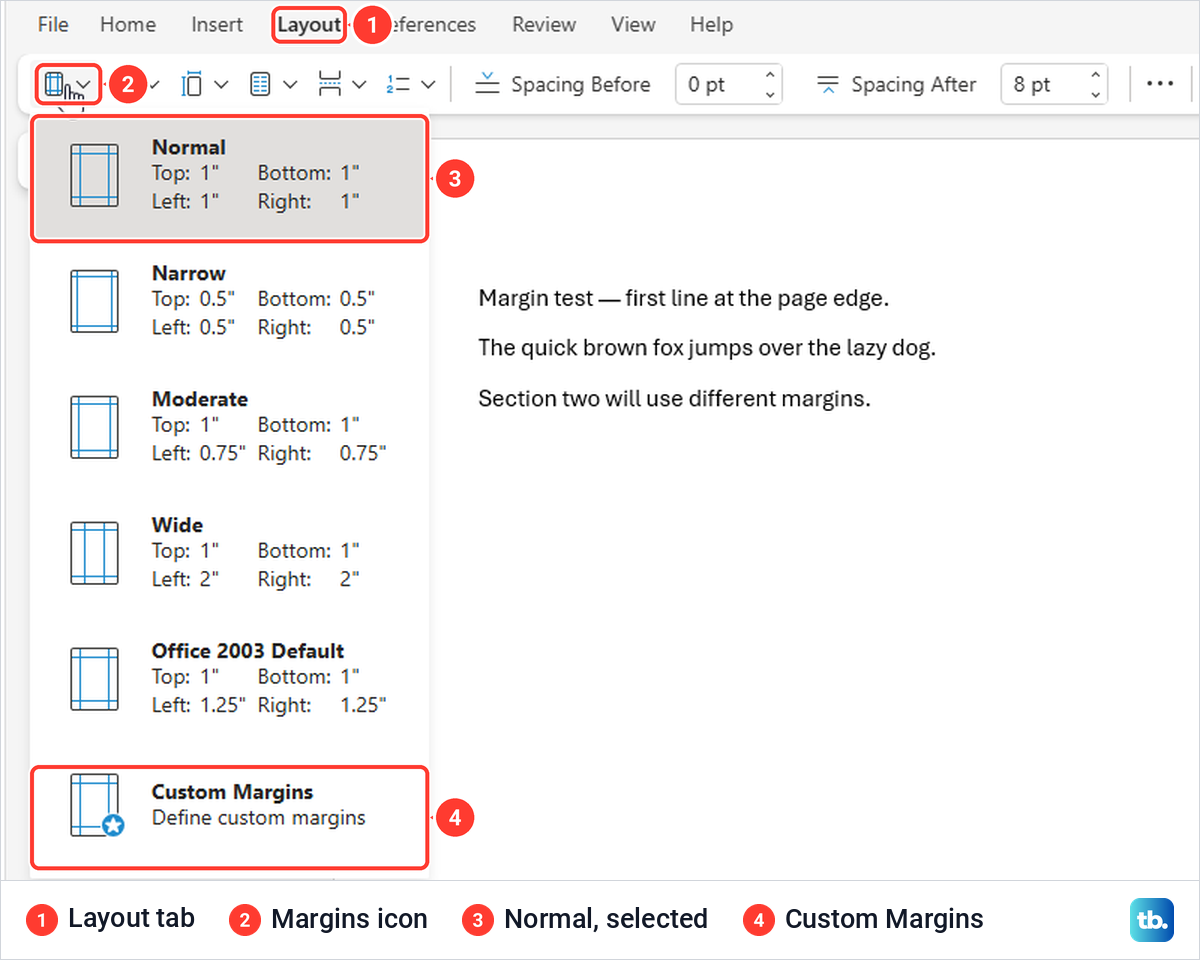 Word for the web Layout tab with the Margins icon open and its list of margin presets.