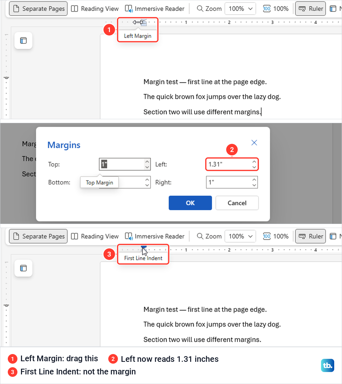 Word for the web ruler showing the Left Margin handle, the Margins box reading 1.31 inches, and the First Line Indent marker.