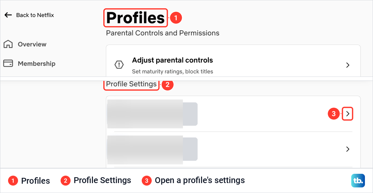 Netflix Account Profiles page with the Profile Settings card listing profiles, each with an arrow.