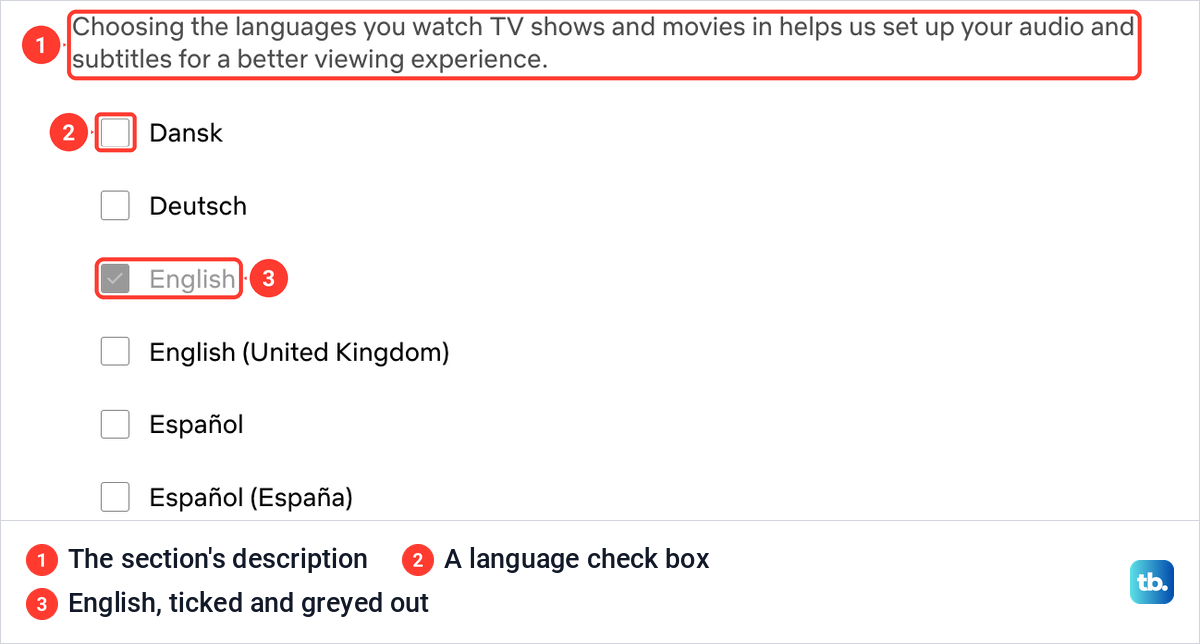 Netflix Audio and subtitle languages list with check boxes for Dansk, Deutsch, English and Español.
