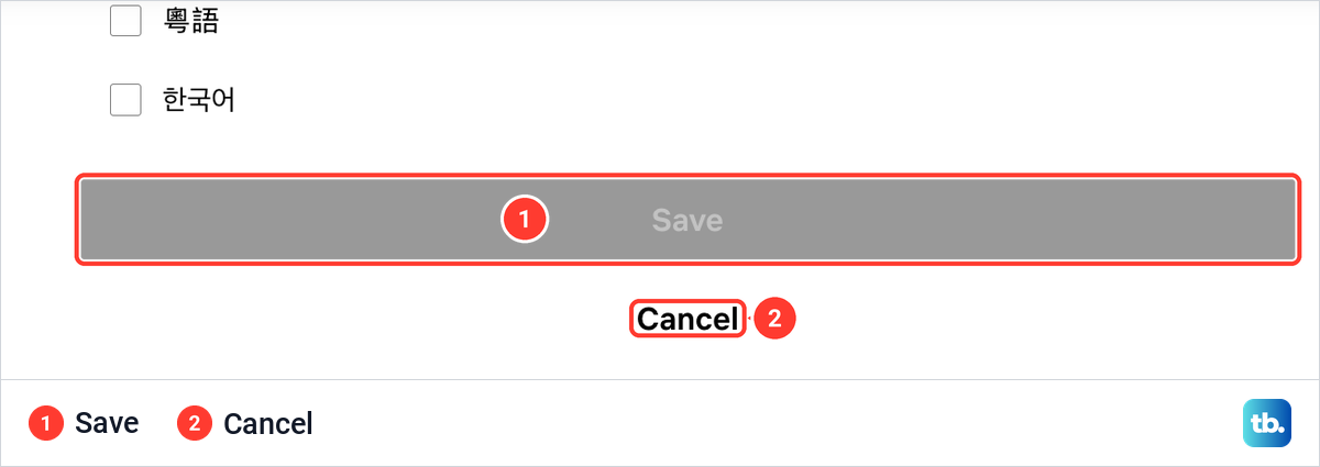 Bottom of the Netflix Languages page with the last language check boxes, a grey Save button and Cancel.