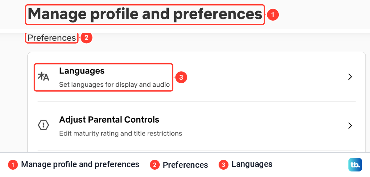 Netflix Manage profile and preferences page with the Languages row under the Preferences heading.