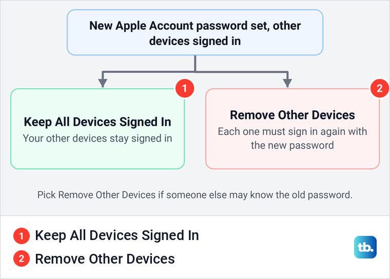 Diagram of the two choices for other devices after an Apple Account password change.