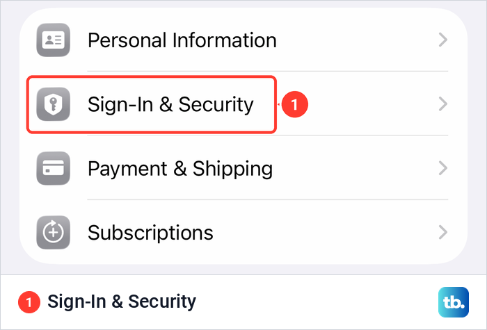 The Apple Account page in iPhone Settings with the Sign-In and Security row highlighted.
