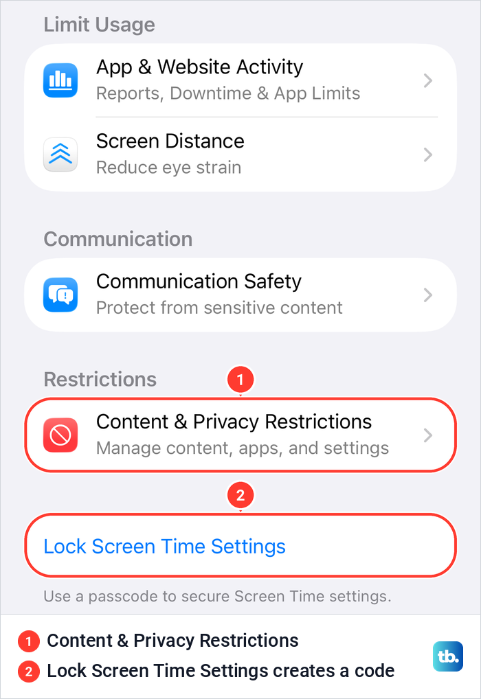 iPhone Screen Time settings with Content and Privacy Restrictions and Lock Screen Time Settings highlighted.