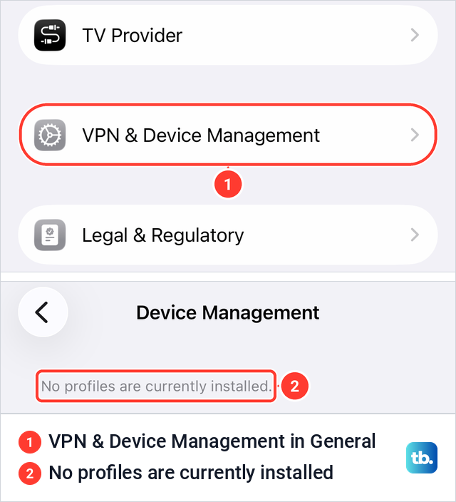 The VPN and Device Management row in iPhone General settings and the Device Management page with no profiles installed.