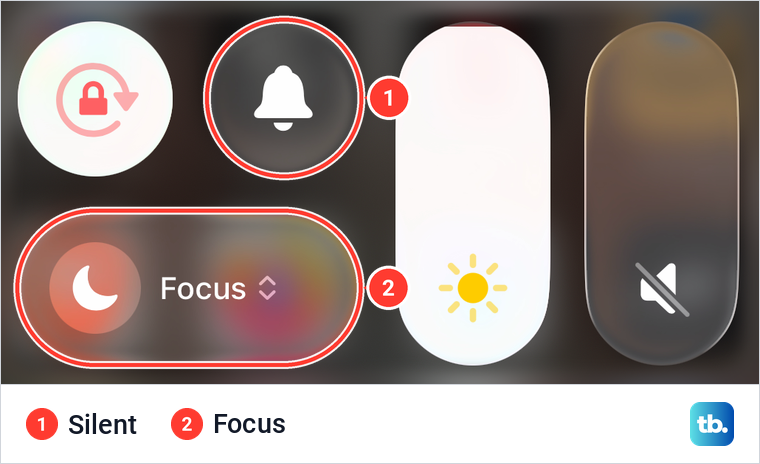 iPhone Control Center with the Silent bell button and the Focus button marked in red.