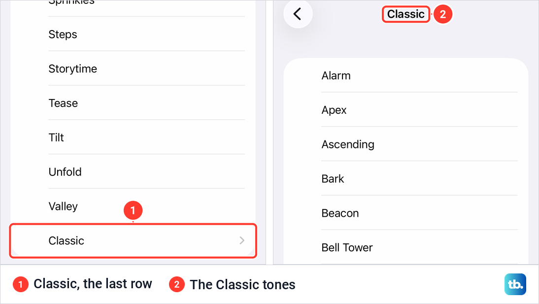 Two iPhone screens showing the Classic row at the end of the Ringtone list and the Classic tones list.