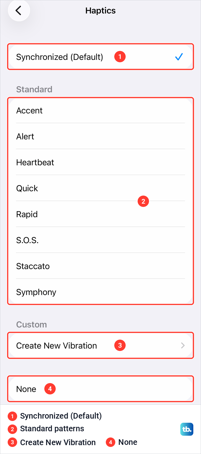 The iPhone ringtone Haptics list with Synchronized ticked, eight Standard patterns and Create New Vibration.