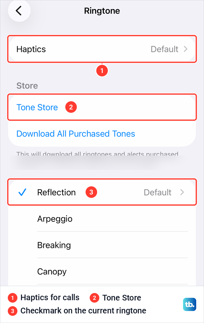 The iPhone Ringtone list with the Haptics row, the Tone Store and a checkmark next to Reflection.