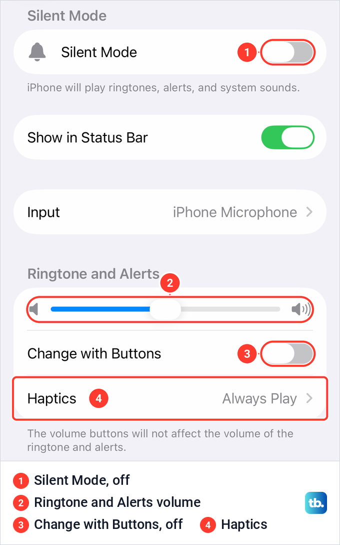 iPhone Sounds and Haptics showing Silent Mode off, the Ringtone and Alerts slider and Change with Buttons off.