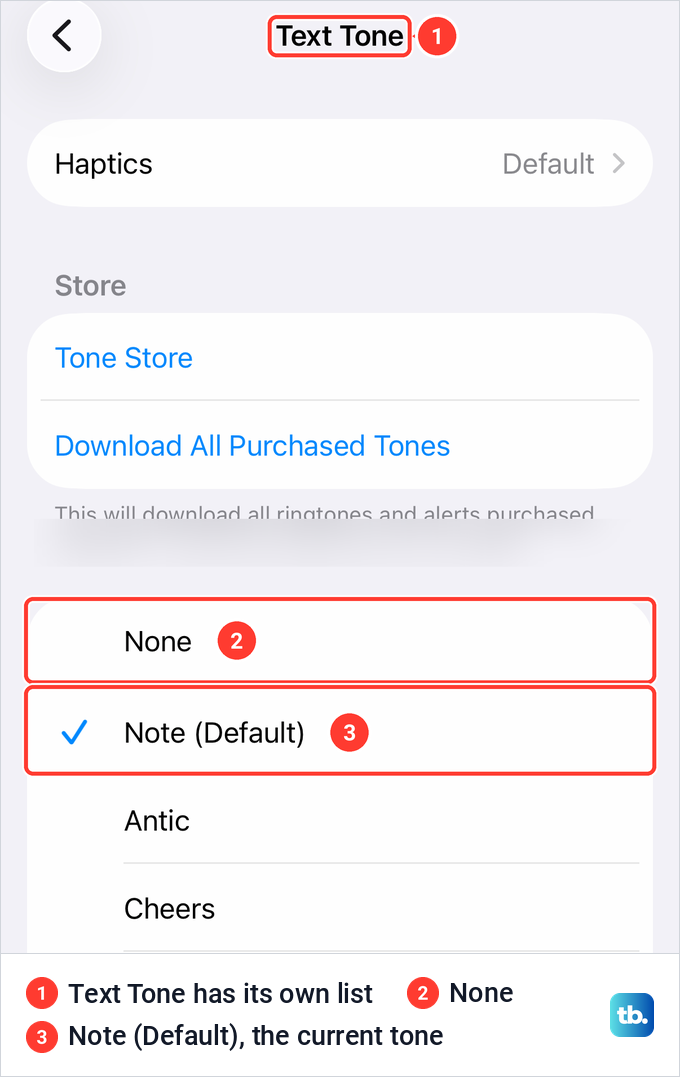 The iPhone Text Tone list with its own Haptics row, a None option and Note marked as the default.