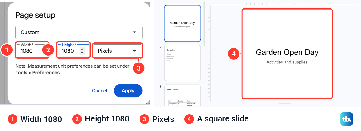 Custom width and height of 1080 pixels typed in Page setup, then the square title slide.