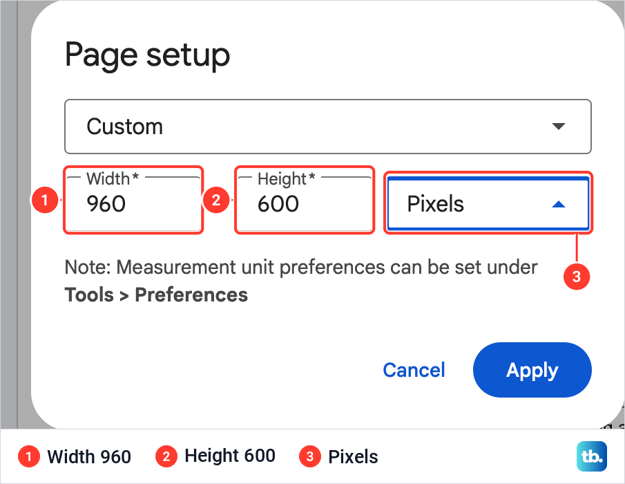 The Page setup Custom boxes reading 960 and 600 with Pixels chosen in the unit list.