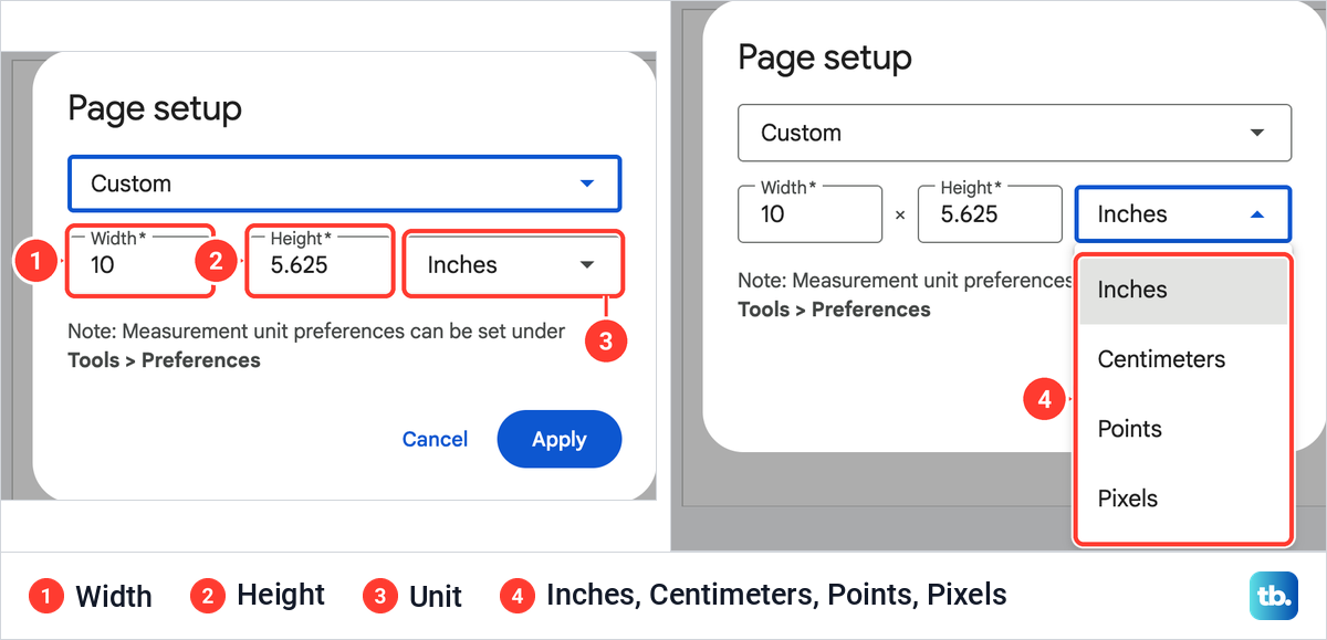 Page setup set to Custom with Width 10, Height 5.625 and the unit list open on four units.