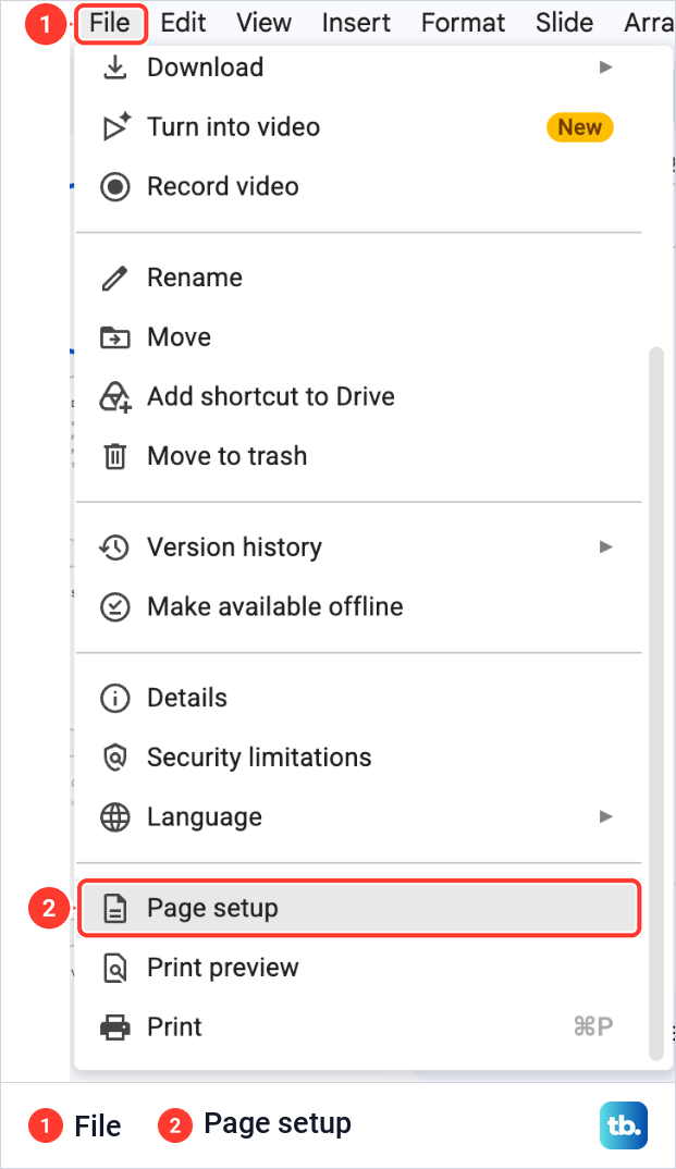 The Google Slides File menu scrolled to its end with Page setup highlighted above Print preview.