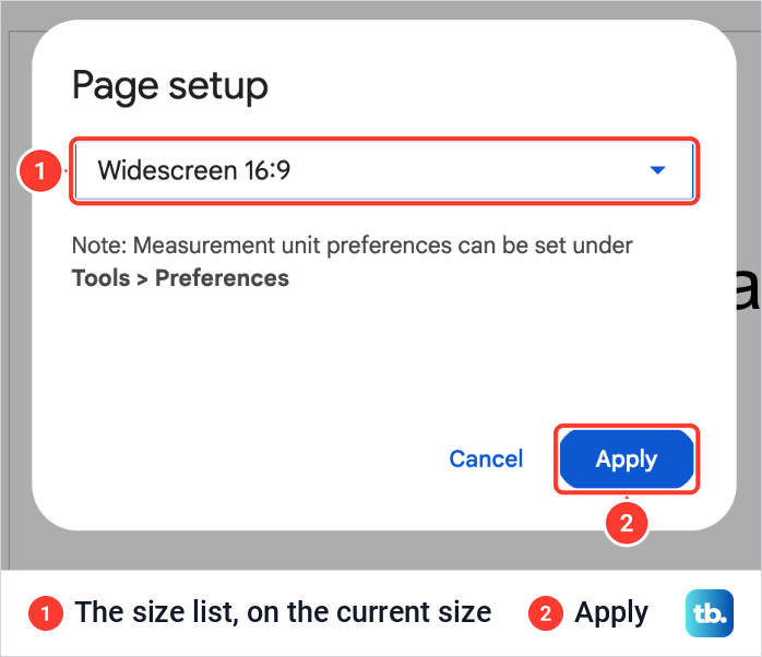 The Google Slides Page setup box with its size list reading Widescreen 16:9 and an Apply button.