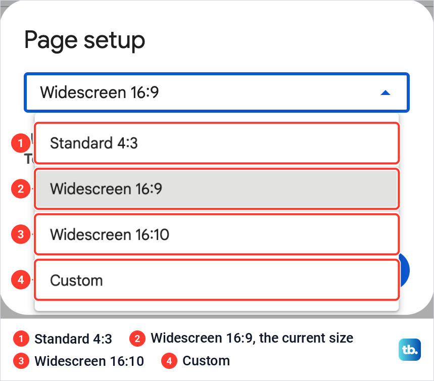 The Page setup size list open on Standard 4:3, Widescreen 16:9, Widescreen 16:10 and Custom.