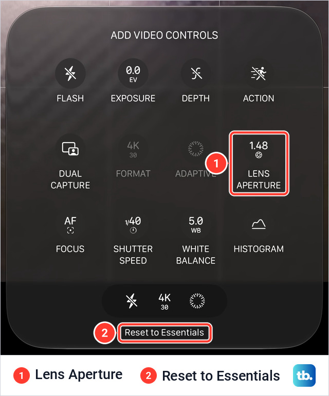 Edit screen titled ADD VIDEO CONTROLS on an iPhone 18 Pro Max, a grid of twelve tiles that includes Lens Aperture reading 1.48, with a strip of three icons and Reset to Essentials at the bottom