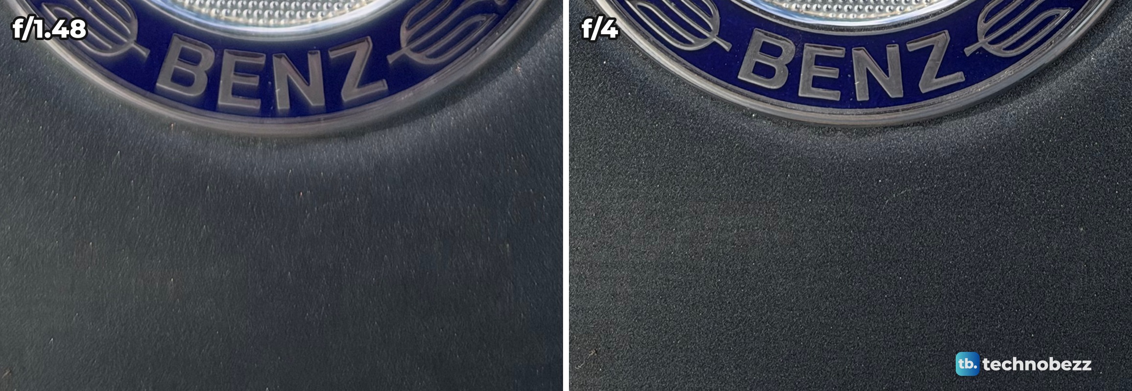 Two close crops of gray metallic paint below the badge, soft at f/1.48 and showing the flake at f/4