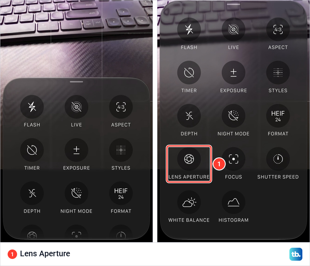 Two views of the Camera Controls menu in Photo mode on an iPhone 18 Pro Max, first with three rows of tiles and a fourth cut off, then pulled up to show Lens Aperture, Focus, Shutter Speed, White Balance and Histogram