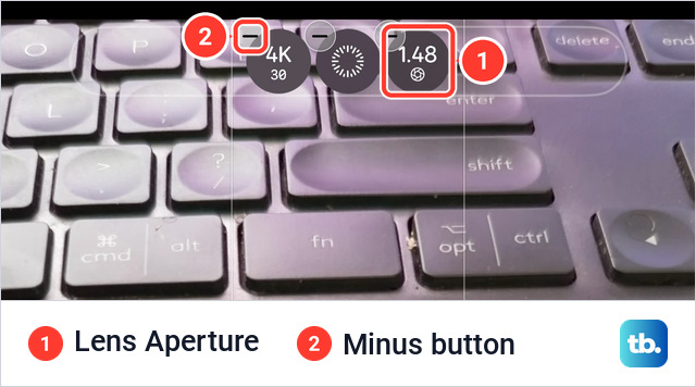Top of the Camera screen on an iPhone 18 Pro Max in edit mode, with three tools above the frame that read 4K 30, a dashed ring and 1.48, each with a small minus button