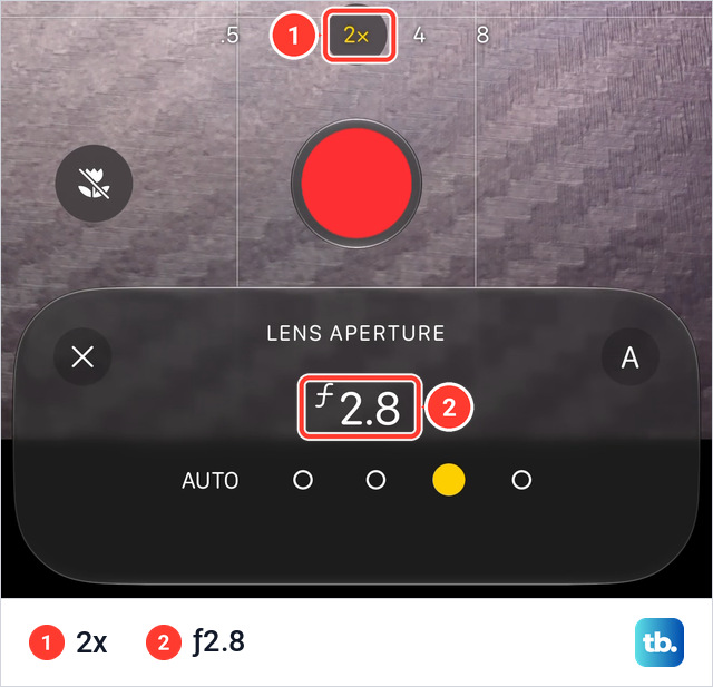Lens Aperture panel in Video mode on an iPhone 18 Pro Max with 2x selected in the zoom control, the third dot filled in yellow and a reading of 2.8