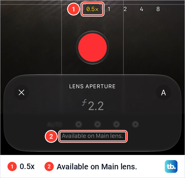 Lens Aperture panel in Video mode on an iPhone 18 Pro Max with 0.5x selected in the zoom control, a gray 2.2, dimmed dots and the line Available on Main lens