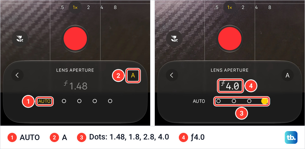 Two views of the Lens Aperture panel in Video mode on an iPhone 18 Pro Max, the first with AUTO and the A button in yellow and a gray 1.48, the second with the fourth dot filled in yellow and a white 4.0