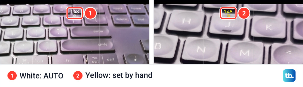 Two views of the top of the Camera screen on an iPhone 18 Pro Max in Video mode, with a white 1.48 reading above the frame in the first and a yellow 1.48 in the second