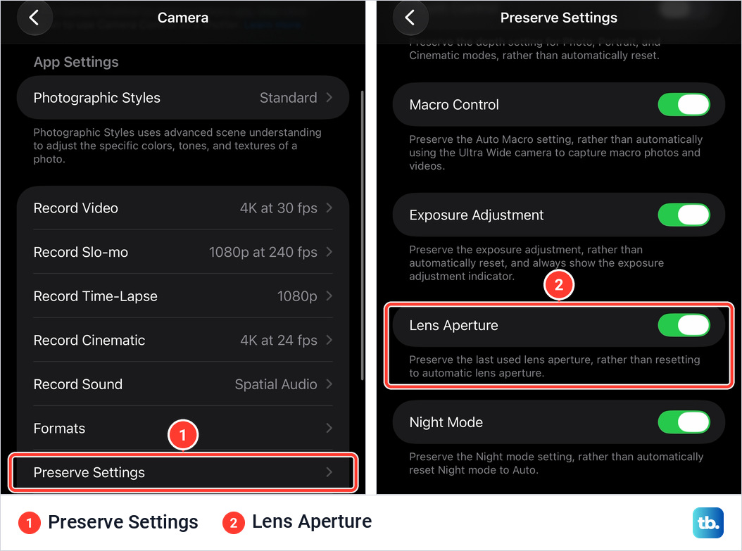 Two iPhone Settings pages side by side, the Camera page with the Preserve Settings row marked, and the Preserve Settings page with the Lens Aperture switch turned on
