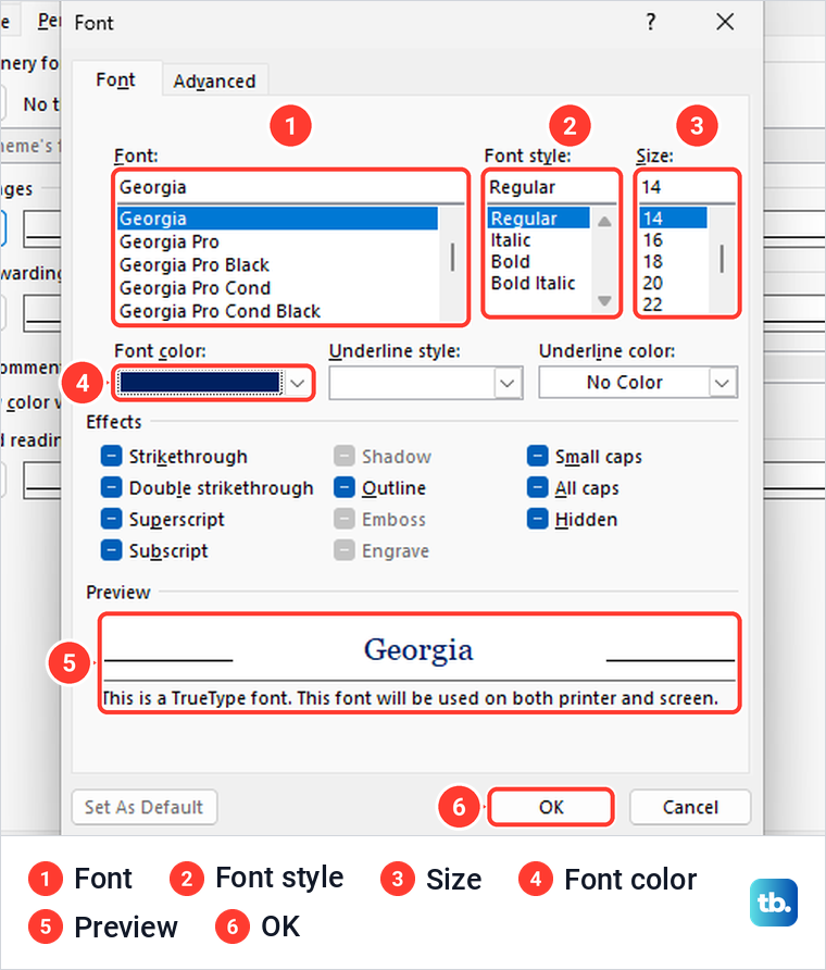 Classic Outlook Font window with Georgia, Regular, size 14 and a dark blue colour chosen, previewed in Georgia.