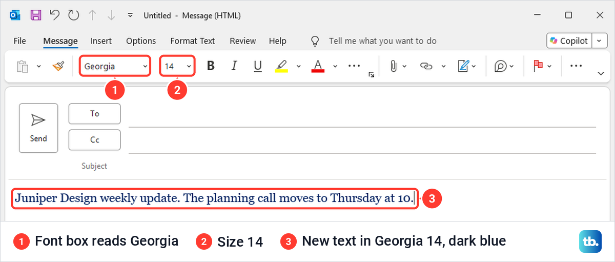 A new classic Outlook message typing in Georgia 14 dark blue right after the default font was changed.