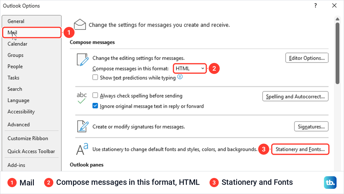 Classic Outlook Options window on the Mail page with the Stationery and Fonts button under Compose messages.