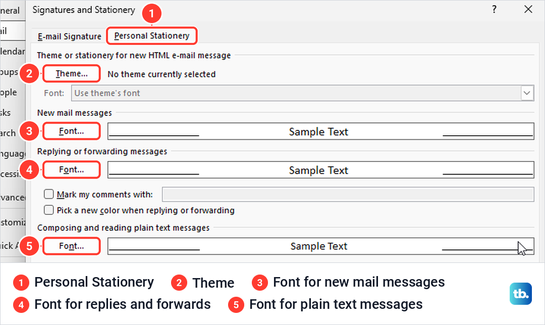 Signatures and Stationery window on the Personal Stationery tab with three Font buttons and a Theme button.