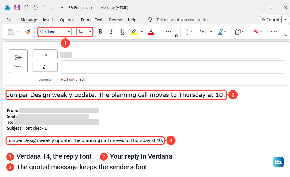 A classic Outlook reply typed in Verdana 14 above a quoted message that keeps the sender's Aptos font.