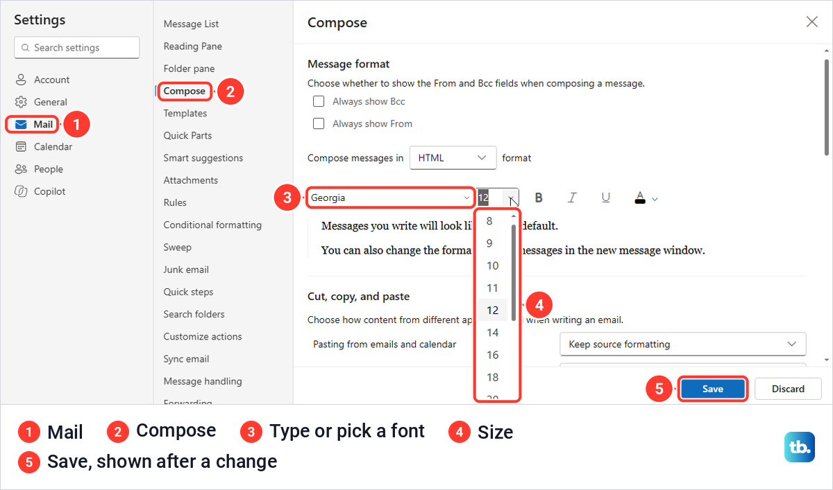 Outlook on the web Settings on Mail and Compose with Georgia typed in the font box and the size list open.