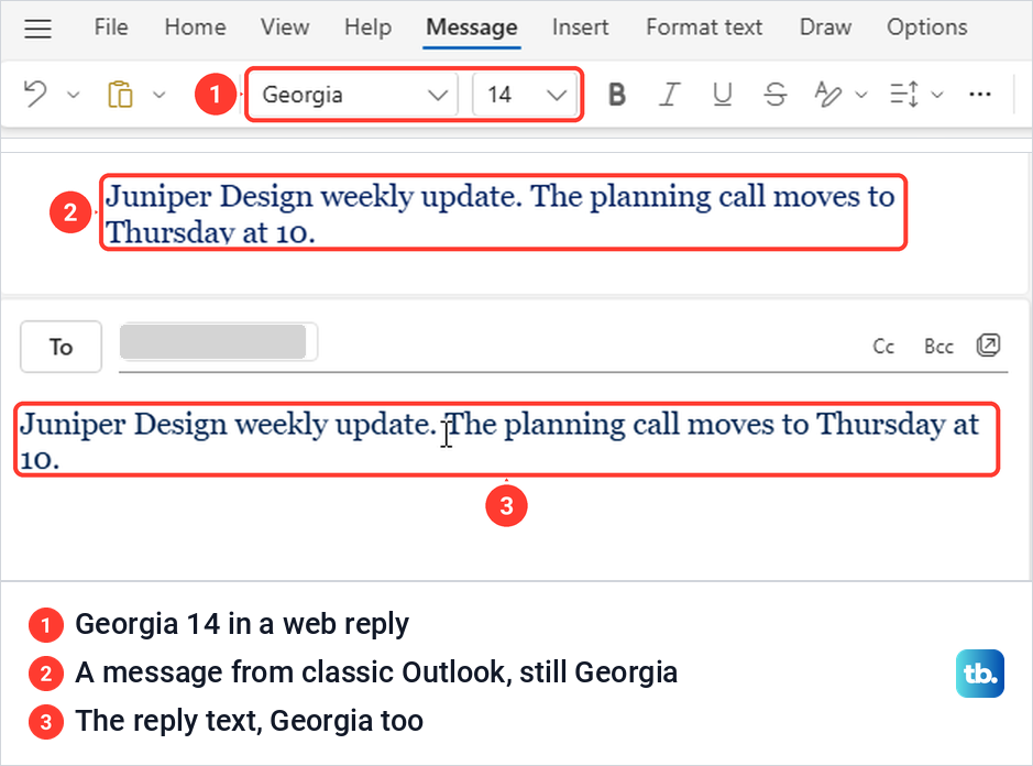 A reply in Outlook on the web typing in Georgia 14 under a Georgia message sent from classic Outlook.