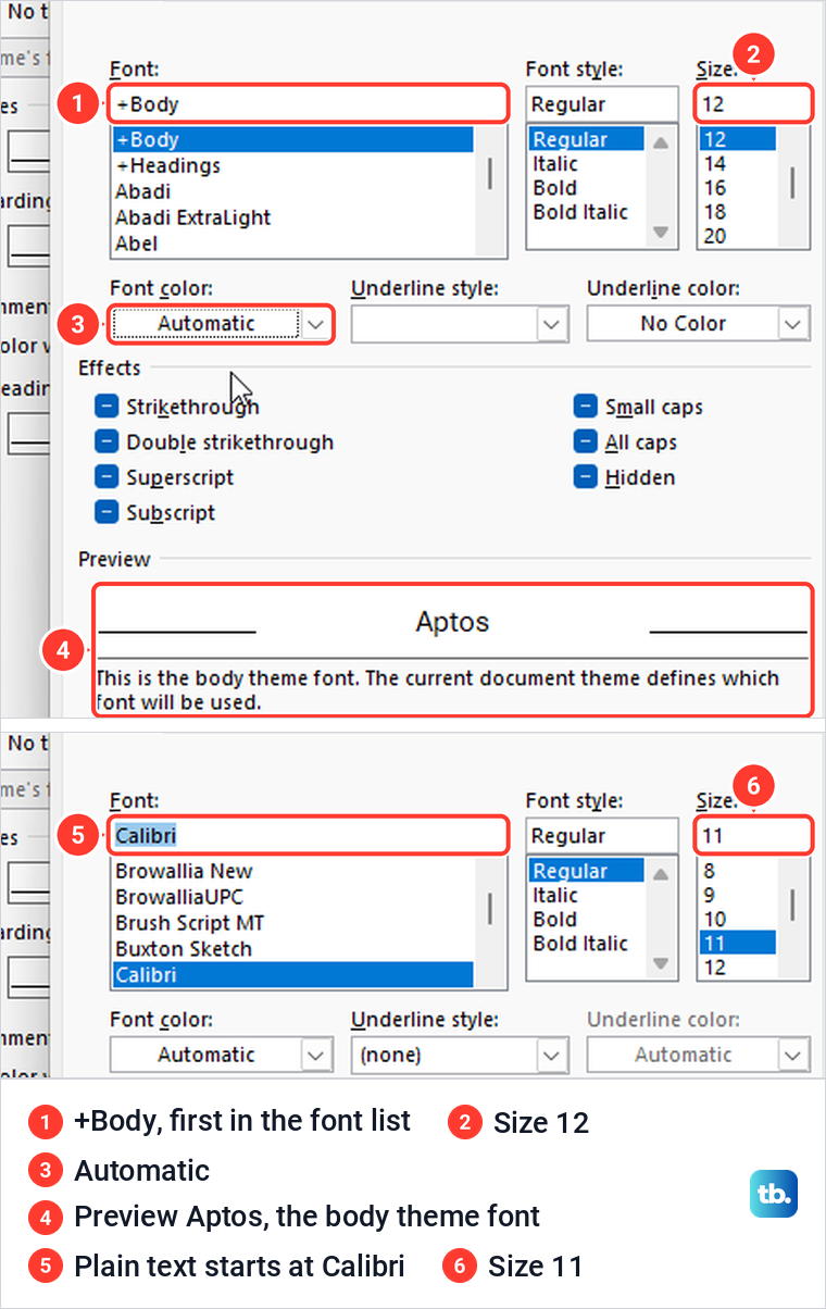 Two Outlook Font windows showing the starting values, +Body size 12 for new mail and Calibri size 11 for plain text.