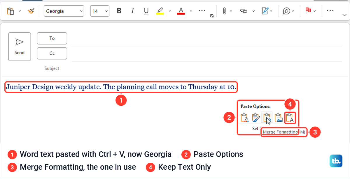 Text pasted from Word into a classic Outlook message in Georgia, with the Paste Options menu open.