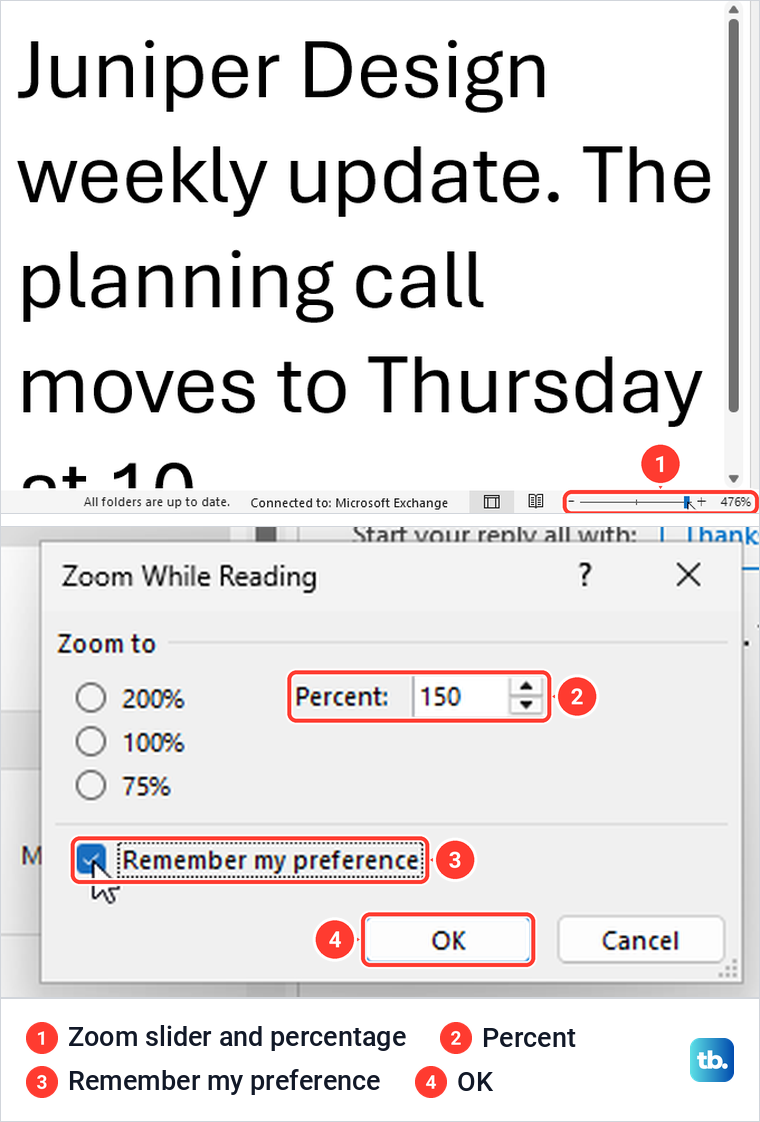 Classic Outlook Reading Pane zoomed in with the zoom slider, above the Zoom While Reading window.