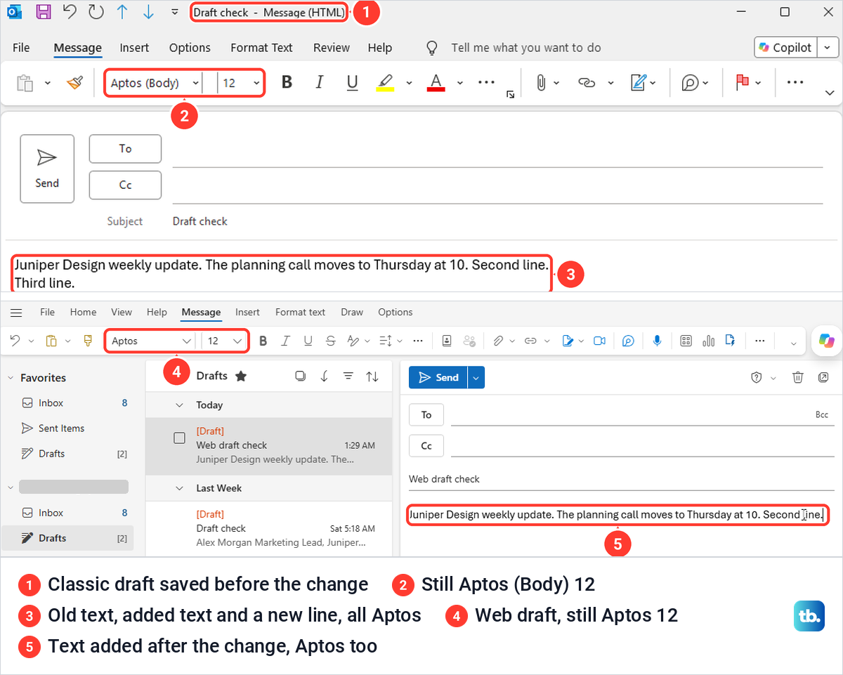 A classic Outlook draft and an Outlook on the web draft both still in Aptos after the default font changed.