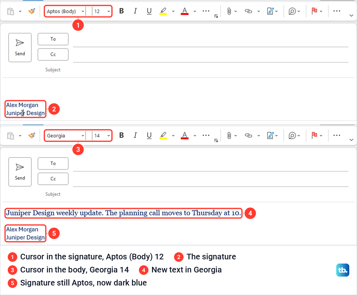 A classic Outlook message with body text in Georgia 14 and an Alex Morgan signature still in Aptos 12.